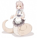 amber_eyes apode breasts clothing female grey_hair hair legless looking_at_viewer maid_uniform necktie orange_eyes serpentine simple_background smile solo split_form standing uniform white_background frfr draconcopode humanoid lamia reptile scalie snake