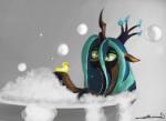 bath black_body black_skin blue_hair bubble female feral green_eyes hair hooves horn rubber_duck simple_background smile solo auroriia friendship_is_magic hasbro my_little_pony queen_chrysalis_(mlp) arthropod changeling absurd_res hi_res