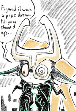 blush bodily_fluids clothing dialogue ears_down embarrassed female fingers_together fused_shadow hair headgear headwear looking_down pivoted_ears solo speech_bubble sweat text dragonweirdo nintendo the_legend_of_zelda twilight_princess midna humanoid imp english_text hi_res