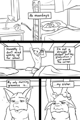 adolescent alarm_clock anthro bed bedroom bunk_bed clock clothed clothing duo extended_sound_effect eyes_closed feet female foot_on_face furniture furniture_lamp half-closed_eyes male narration narrowed_eyes one_eye_closed onomatopoeia paws ringing sleeping sound_effect_variant sound_effects stretching table text underwear waking_up young black-kitten sebastien_(black-kitten) serah_(black-kitten) felid feline lynx mammal 2:3 5:8 black_and_white comic digital_drawing_(artwork) digital_media_(artwork) english_text hi_res line_art lol_comments monochrome sketch adult_(lore) brother_(lore) brother_and_sister_(lore) sibling_(lore) sister_(lore) twins_(lore)
