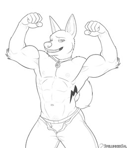 abs anthro armpit_hair biceps body_hair bottomwear bulge clothed clothing collar flexing fur looking_at_viewer male muscular muscular_anthro muscular_male navel nipples open_bottomwear open_clothing open_pants pants pecs pubes pubes_exposed simple_background smile solo standing tail tattoo topless topless_anthro topless_male underwear spelunker_sal bolt_(film) disney bolt_(bolt) canid canine canis domestic_dog mammal 2025 digital_media_(artwork) hi_res line_art