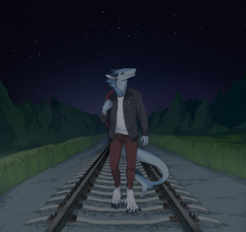 4_fingers 4_toes anthro backpack barefoot biped blue_body blue_fur bottomwear claws clothed clothing detailed_background digitigrade feet fingers forest fur grass grey_body grey_fur jacket looking_aside looking_up male multicolored_body multicolored_fur night outside pants plant railway_track sharp_teeth shirt sky smile solo standing star starry_sky tail teeth toe_claws toes topwear tree two_tone_body two_tone_fur walking yellow_eyes egsaku viskasunya aquatic fish hybrid sergal shark 2017 absurd_res hi_res