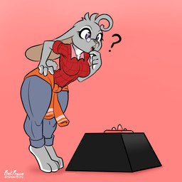 animal_ears anthro biped bottomwear breasts clothed clothing eyelashes female fur grey_body hand_on_hip pants pupils purple_eyes red_clothing sex_toy shirt simple_background solo standing thick_thighs topwear pink_prawn lagomorph leporid mammal rabbit 1:1 absurd_res hi_res