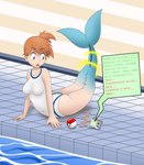 blue_body blue_eyes blue_skin blue_tail butt clothing detailed_background dorsal_fin eyelashes female fin glistening glistening_body glistening_hair glistening_skin gym_leader hair inside looking_down merging mermaid_tail mermaidification mid_transformation navel not_furry on_ground one-piece_swimsuit open_mouth orange_hair pokeball ponytail pool shocked solo speech_bubble split_form swimming_pool swimwear synchro_machine tail text transformation transformation_through_technology translucent water white_body white_skin joyvell nintendo pokemon misty_(pokemon) eeveelution generation_1_pokemon human hybrid mammal marine merfolk pokemon_(species) vaporeon 2024 absurd_res digital_drawing_(artwork) digital_media_(artwork) english_text hi_res