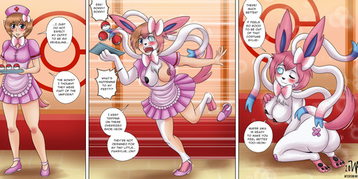 anthro apron band-aid bandage blush breast_expansion breasts brown_hair butt clothing dialogue dress embarrassed expansion female growth hair hat headgear headwear human_to_anthro looking_at_viewer nipples nurse_clothing nurse_hat nurse_headwear nutt open_mouth pawpads pink_clothing pink_dress pink_hair smile solo species_transformation standing surprised tail tail_growth text transformation witchfiend nintendo pokemon aika_(tomlloyd) eeveelution generation_6_pokemon human mammal pokemon_(species) sylveon 2025 digital_media_(artwork) english_text hi_res sequence