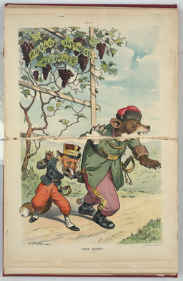 anthro belt black_text blue_sky bottomwear clothing cloud duo food fruit grape grapevine green_clothing green_jacket green_topwear hat headgear headwear jacket leaf male melee_weapon military_hat military_uniform open_mouth pants plant political_cartoon politics purple_bottomwear purple_clothing purple_pants quotation_marks red_bottomwear red_clothing red_pants shoulder_pads sky standing sword text topwear uniform vines walking weapon john_pughe aesop's_fables puck_(magazine) the_fox_and_the_grapes russian_bear bear canid canine fox mammal 1902 20th_century absurd_res ancient_art english_text hi_res signature traditional_media_(artwork)
