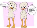 angry anthro balls blush dialogue duo erection genitals humanoid_genitalia humanoid_penis male nude penis simple_background small_penis teasing text young young_anthro young_male limettin disney ducktales ducktales_(2017) huey_duck louie_duck anatid anseriform avian bird duck absurd_res english_text hi_res brother_(lore) brothers_(lore) sibling_(lore)