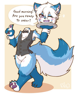 anthro blue_body blue_fur detachable detachable_head fur hair headless kemono male solo text waiter waiter_suit white_body white_fur white_hair acky05 english_text hi_res japanese_description