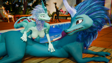 anthro anthrofied blue_body blue_eyes blue_fur blue_hair breasts claws detailed_background eye_contact female feral fur hair horn looking_at_another massage nude pool_toy resort swimming_pool dezzak sladdoska_(modeler) twilightv0ids_(modeler) disney mythology raya_and_the_last_dragon zootopia amba_(ratld) gazelle_(zootopia) salliviya_(sladdoska) sisu_(ratld) antelope bovid dragon eastern_dragon gazelle mammal mythological_creature mythological_scalie scalie 16:9 2026 3d_(artwork) digital_media_(artwork) hi_res widescreen sibling_(lore) sister_(lore) sisters_(lore)