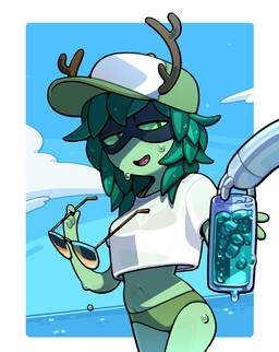 ambiguous_gender antlers bodily_fluids bottomwear breasts clothed clothing duo female female_focus green_body green_eyes green_skin horn leaf leaf_hair not_furry plant plant_hair pseudo_hair shirt smile solo_focus toony topwear discount-supervillain adventure_time cartoon_network finn_the_human huntress_wizard elemental_creature elemental_humanoid flora_fauna humanoid plant_humanoid digital_media_(artwork) hi_res