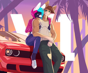 anthro car clothing duo female hair male male/female outside poster topwear vehicle chapaevv grand_theft_auto grand_theft_auto_vi hasbro my_little_pony rockstar_games fan_character iron_aegis 6:5 absurd_res digital_media_(artwork) hi_res