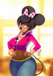 abstract_background anthro big_breasts black_hair black_nose bottomwear bow_ribbon bracelet breasts clothed clothing denim denim_bottomwear denim_clothing eyelashes female fully_clothed hair jacket jeans jewelry looking_at_viewer midriff navel open_mouth pants shirt short_hair smile solo standing teeth topwear tovio_rogers disney minnie_mouse mammal mouse murid murine rodent 2017 hi_res signature