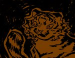 :3 ambiguous_gender black_and_brown black_and_orange brown_monochrome cheek_tuft facial_tuft feral fur looking_at_paw open_:3 open_mouth scribble_background solo striped_body striped_fur stripes tuft spunkzoid felid mammal pantherine tiger hi_res restricted_palette