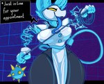 ball_and_chain blue_body blue_fur clothing electricity female fur long_tongue machine open_mouth simple_background solo tight_clothing tongue yellow_eyes trufzn deltarune undertale_(series) tasque_manager android humanoid robot