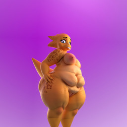 anthro areola breasts cross-eyed female genitals hands_on_hips looking_at_viewer low-angle_view markings navel nipples non-mammal_breasts non-mammal_navel non-mammal_nipples overweight overweight_anthro overweight_female plump_labia solo spots spotted_markings tail thick_thighs vulva yellow_body mementomoriye twilightv0ids_(modeler) undertale_(series) alphys lizard reptile scalie 1:1 3d_(artwork) alternate_version_at_source blender_(artwork) blender_cycles_(artwork) digital_media_(artwork) hi_res