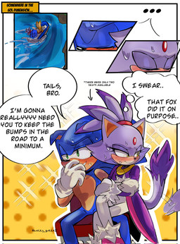 anthro aroused aroused_face aroused_smile blush blushing_profusely bodily_fluids crossed_arms crossed_legs dialogue duo embarrased_horny embarrassed eyes_closed female green_eyes hair hero humor jetski lidded_eyes male male/female on_lap ponytail princess royalty sitting sitting_on_lap speech_bubble sweat tail tail_motion text thought_bubble vehicle water watercraft yellow_eyes hvrley sega sonic_the_hedgehog_(series) blaze_the_cat miles_prower sonic_the_hedgehog canid canine domestic_cat eulipotyphlan felid feline felis fox hedgehog mammal comic english_text hi_res