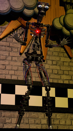 ambiguous_gender blue_eyes brick_wall checkered checkered_wall endoskeleton eyelashes fingers machine open_mouth solo teeth wall_(structure) wire thegreenblacksoul five_nights_at_freddy's scottgames animatronic robot 2024 3d_(artwork) 9:16 digital_media_(artwork) hi_res