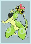 2015 anthro anthrofied arthropod blue_border blush border breasts caterpie female fuf generation_1_pokemon hi_res insect looking_at_viewer nintendo non-mammal_breasts pinup pokemon pokemon_(species) pokemorph pose solo