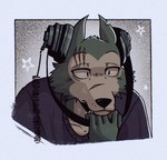 5_fingers anthro black_nose blue_clothing blue_shirt blue_topwear cheek_tuft clothing electronics eyebrow_scar eyebrows facial_scar facial_tuft fingers fur grey_body grey_fur headphones humanoid_hands male mouth_closed notched_ear one_fang scar shirt snout snout_scar solo topwear tuft soulfullhyena beastars legoshi_(beastars) canid canine canis mammal wolf 2024 hi_res icon