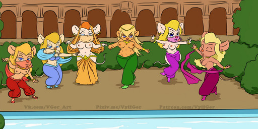 anthro bare_shoulders belly_dancer big_breasts biped breasts cleavage clothed clothing dancing eyes_closed female footwear fur group hair harem harem_outfit jewelry long_hair navel nipples red_clothing red_topwear shoes standing topwear wide_hips wrist_guards vylfgor chip_'n_dale_rescue_rangers disney gadget_hackwrench mammal mouse murid murine rodent 2020 full-length_portrait portrait