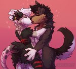 american_opossum anthro black_body black_fur black_hair brown_body brown_fur butt butt_grab canid canine canis caracalpilot cheek_tuft chest_tuft domestic_dog duo ear_piercing ear_ring eyes_closed facial_tuft french_kissing fur genitals hair hand_on_butt heart_symbol herding_dog kissing making_out male male/male mammal markings marsupial mottled mottled_body mottled_skin neck_tuft pastoral_dog penis piercing pink_background pink_body pink_skin red_markings ring_piercing sheepdog simple_background tuft virginia_opossum white_body white_fur white_hair