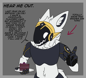 anthro cake dessert food fur machine male plate solo text white_body white_fur panaxlad protogen absurd_res hi_res