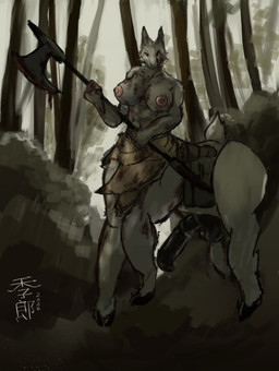 animal_genitalia animal_penis anthro bag big_breasts blood blood_on_clothing blood_on_face blood_on_weapon bodily_fluids bottomwear breasts clothing equine_genitalia equine_penis female forest forest_background genitals gynomorph halberd holding_object holding_weapon intersex loincloth looking_at_viewer melee_weapon nature nature_background nipples nub_tail penis pink_nipples plant polearm solo tree weapon white_body kirou cherie_(sniffeur) camelid llama mammal taur absurd_res hi_res