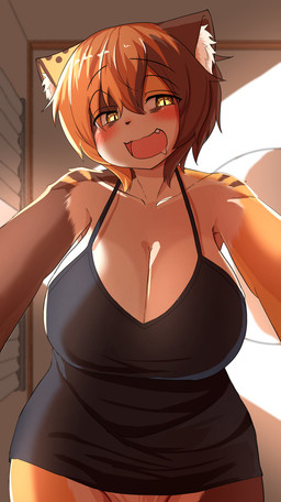 anthro big_breasts blush bottomless breasts camisole ceiling cleavage clothed clothing curvy_figure cute_fangs exposure_variation fangs female female_anthro female_on_top first_person_view fur hair huge_breasts kemono looking_at_viewer low-angle_view multicolored_body multicolored_fur multicolored_hair no_underwear on_top open_mouth solo teeth thick_thighs tongue voluptuous wide_hips worm's-eye_view kagarimachi_ame nekotsuki_kohime calico_cat domestic_cat felid feline felis mammal 2023 digital_media_(artwork) hi_res
