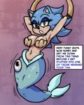 ambiguous_gender anthro big_breasts blue_body blue_hair bound breasts crossgender dialogue duo female feral green_eyes hair hands_tied humor mtf_crossgender suspension tail text vore broth_nsfw sega sonic_the_hedgehog_(series) sonic_the_hedgehog eulipotyphlan fish hedgehog mammal marine 2025 4:5 english_text hi_res