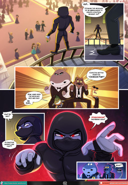 accessory alternate_costume anthro ballroom being_watched bottomwear clothed clothing dialogue dialogue_box eyewear female footwear fully_clothed glasses group handbag looking_at_another male night pants plant security security_guard security_uniform shirt shoes speech_bubble stairs text topwear writing_text akiione asura-00 chilllum spirale tomiku dreamworks the_bad_girl the_bad_guys maurice_valmont mr._piranha_(the_bad_guys) mr._shark_(the_bad_guys) mr._snake_(the_bad_guys) mr._wolf_(the_bad_guys) aquatic arthropod canid canine canis characiform fish human mammal mustelid musteline piranha_(fish) reptile scalie serrasalmid shark snake stoat true_musteline weasel wolf 2025 comic english_text hi_res warm_colors