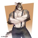 anthro arm_tuft beard bottomwear clothing crossed_arms elbow_tuft facial_hair male muscular pants pecs solo suspenders tuft whiskers coffeline echo_(series) echo_project the_smoke_room william_adler canid canine canis coyote mammal 1:1 hi_res