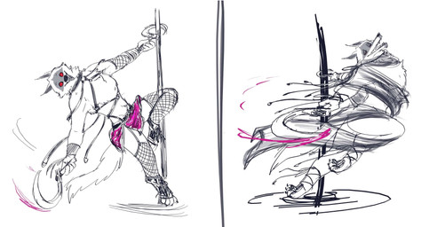anthro clothed clothing crossdressing facial_markings fluffy fur happy head_markings male markings mask_(marking) pointy_ears pole prick_ears red_eyes sickle skimpy smile solo stripper stripper_pole ultimatellurker dreamworks puss_in_boots_(franchise) death_(puss_in_boots) canid canine canis mammal wolf hi_res