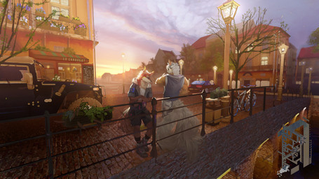 anthro backlighting beverage bicycle biped black_bottomwear black_clothing black_pants blue_clothing blue_eyes blue_topwear bottomwear bridge can car city clothed clothing container duo front_view fully_clothed fur grey_clothing grey_topwear hair holding_beverage holding_can holding_container holding_object light logo male open_mouth orange_body orange_fur outside pants plant railing rear_view red_body red_fur short_hair standing street street_lamp sunset topwear tree vehicle white_body white_bottomwear white_clothing white_fur white_hair white_pants white_topwear yellow_body yellow_fur awaldkize canid mammal absurd_res artist_logo digital_media_(artwork) digital_painting_(artwork) hi_res lighting painting_(artwork)