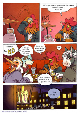 5_fingers anthro bar beverage black_nose blue_body blue_fur blush candle clothed clothed_anthro clothed_male clothing dialogue drinking feathers fingers fur glass grey_body grey_fur group hoodie humanoid_hands kerchief lamp lantern laugh male multicolored_body multicolored_fur neckerchief neckwear night red_body red_feathers shirt speech_bubble spit-take text topwear two_tone_body two_tone_fur white_body white_feathers white_fur kantachibli adrian_(kantachibli) benedict_(kantachibli) blue_(kantachibli) phillip_(kantachibli) avian bird canid canine chicken equid equine fox galliform heron horse mammal pelecaniform phasianid comic english_text hi_res url