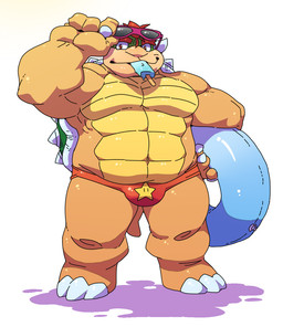 3_toes 4_fingers abs anthro biceps biped bulge claws clothed clothing eyewear feet fingers food hair horn inflatable looking_at_viewer male muscular muscular_anthro muscular_male nozzle pecs pool_float pool_toy popsicle popsicle_in_mouth red_hair simple_background skimpy solo speedo spikes standing star_print star_print_underwear sunglasses sunglasses_lift swim_ring swimwear toe_claws toes topless underwear white_background analon_(artist) mario_bros nintendo bowser koopa scalie digital_media_(artwork)