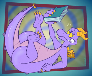 anthro book horn looking_at_viewer lying male on_back pear-shaped_figure pose purple_body purple_skin slightly_chubby smug solo spikes spikes_(anatomy) wide_hips wings yellow_eyes gavanzude disney disney_parks epcot journey_into_imagination mythology walt_disney_world figment dragon mythological_creature mythological_scalie scalie alternate_version_at_paywall alternate_version_at_source hi_res