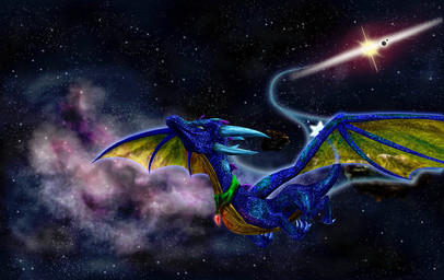 ambiguous_gender blue_body claws detailed_background feral flying gem horn jewelry membrane_(anatomy) membranous_wings moon nebula necklace planet solo space spacescape spread_wings star sun tail trail wings yellow_body tsitra360 mythology dragon mythological_creature mythological_scalie scalie 2010