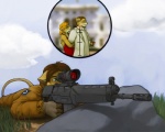 5:4 acog_scope anthro assassin assault_rifle blonde_hair brown_hair clothed clothing cloud day detailed_background digital_media_(artwork) dress felid female grass green_eyes group gun hair imminent_death ipoke lol_comments lying male mammal on_front outside plant ranged_weapon rifle rock romantic romantic_couple scope sky sniper sniper_rifle solo_focus ssg-36 suit tail target weapon