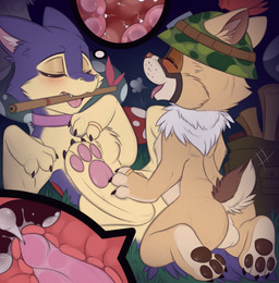 3_toes 4_fingers anthro anthro_on_anthro armor back_markings back_spots bag balls black_claws blue_body blue_ears blue_fur blue_tail blush blush_lines bodily_fluids brown_pawpads brown_tail cervical_contact cervix claws clothing collar cum cum_in_mouth cum_in_uterus cum_in_vagina cum_inside duo ejaculation eyelashes eyes_closed fangs feet female finger_claws fingers from_front_position fungus fur genital_fluids genitals grass green_clothing green_headwear green_helmet hat headgear headgear_only headwear helmet helmet_only impregnation inner_ear_fluff internal internal_vaginal interspecies interspecies_impregnation kneeling kneeling_position lying male male/female markings military_cap motion_lines multicolored_body multicolored_fur multicolored_tail mushroom nature neck_tuft night nude nude_anthro nude_female nude_male object_in_mouth on_back on_grass on_ground open_mouth orgasm orgasm_face outside outside_sex pawpads penetration penile penile_penetration penis penis_in_vagina pink_inner_ear pink_inner_ear_fluff pink_pawpads plant red_body red_mushroom red_penis red_spots red_tongue ring semi-anthro sex small_tail snout spots spotted_markings spread_legs spreading tail tan_balls tan_body tan_ears tan_fur tan_nose tan_tail teeth toe_claws toes tongue tongue_out tuft two_tone_tail uterus vaginal vaginal_penetration white_body white_fur meraence league_of_legends nintendo pokemon riot_games tencent teemo_(lol) ying canid canine generation_2_pokemon mammal pokemon_(species) quilava yordle 2019 digital_media_(artwork) hi_res