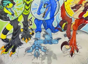 anthro blue_body claws cracked_ground crush dinosaur_feet feet fluffy_dinosaur green_body group long_tail machine macro male markings red_body ring_(marking) ringed_tail sickle_claw spade_tail stepping stomping striped_markings striped_tail stripes tail tail_markings toe_claws trio walking dyloteryx dylo kotiyo allosaurid allosauroid allosaurus animatronic dilophosaurid dilophosaurus dinosaur dromaeosaurid prehistoric_species reptile robot saurischian scalie theropod colored hi_res marker_(artwork) traditional_media_(artwork) trans_(lore) trans_man_(lore)
