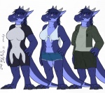 anthro biped blue_eyes bottomwear chibi clothing digitigrade female hand_on_hip horn jacket looking_at_viewer shorts simple_background solo standing swimwear tail topwear white_background equus mythology despina dragon mythological_creature mythological_scalie scalie 2007