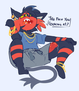 anthro anthrofied big_penis black_body black_fur bodily_fluids bottomwear bulge clothing dialogue ear_piercing ear_ring erection fur genital_fluids genitals jewelry male necklace penis penis_poking_out penis_through_leghole piercing precum red_body red_fur ring_piercing sharp_teeth shirt shorts simple_background solo t-shirt teeth text topwear tankunito nintendo pokemon felid feline generation_7_pokemon litten mammal pokemon_(species) absurd_res english_text hi_res