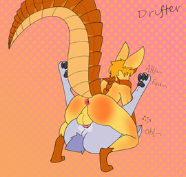 anal anal_penetration anthro biped blue_body bodily_fluids brown_markings cum cum_in_ass cum_inside dotted_background duo from_front_position genital_fluids hair leg_markings legs_up male male/male markings mating_press orange_body orange_hair outline pattern_background penetration sex simple_background socks_(marking) drifter arken_(drifter) oliver_(olivveroil) bat hybrid mammal absurd_res digital_media_(artwork) full-length_portrait hi_res portrait warm_colors