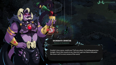 alcohol anthro arm_tuft armband belly belly_hair beverage big_belly big_muscles big_pecs black_clothing body_hair bodysuit bone cape chest_hair clothing container cup curled_horn dialogue dialogue_box elbow_tuft facial_hair fangs fur gem glowing glowing_eyes goblet gold_(metal) gold_jewelry grin harness head_hair holding_object horn jewelry leather leather_harness looking_at_viewer male muscular muscular_arms muscular_legs muscular_male mustache nipple_piercing nipples overweight pecs pelt_clothing piercing purple_body purple_fur red_eyes sharp_teeth skinsuit skull smile solo sprite_art tail teeth tentacles text tight_clothing torn_clothing tuft user_interface wine warmageragnar hades_2_(game) warmage_ragnar_(character) bovid caprine demon mammal sheep 16:9 english_text hi_res widescreen