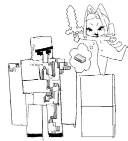 4_fingers anthro black_nose block blush blush_lines breasts duo eyebrows eyelashes featureless_breasts female female_anthro fingers hair holding_melee_weapon holding_object holding_sword holding_weapon larger_humanoid larger_male looking_at_another looking_down looking_down_at_another looking_up looking_up_at_another male male/female male_humanoid melee_weapon navel nude nude_anthro nude_female on_one_leg open_mouth open_smile pigtails simple_background size_difference small_breasts small_nose smaller_anthro smaller_female smile smug_eyes smug_face square_(anatomy) square_head standing sword tail thought_bubble weapon white_background imaspacebar microsoft minecraft mojang xbox_game_studios imaspacebar_(character) domestic_cat felid feline felis golem_(minecraft) humanoid iron_golem_(minecraft) mammal 2025 digital_drawing_(artwork) digital_media_(artwork) monochrome