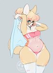 anthro blep blue_eyes blush breasts clothed clothing eyewear female fur glasses legwear one-piece_swimsuit pink_clothing pink_swimwear solo squish swimwear tan_body tan_fur thick_thighs thigh_highs thigh_squish tongue tongue_out towel translucent translucent_clothing translucent_swimwear under_boob wide_hips lizombie gris_swimsuit meme_clothing canid canine canis domestic_dog herding_dog mammal pastoral_dog welsh_corgi 2022 digital_media_(artwork) hi_res meme shaded