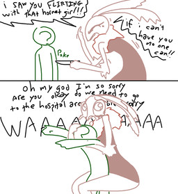 2_panel_comic ambiguous_gender angry antennae_(anatomy) anthro arm_tuft big_eyes bodily_fluids clothed clothing crying dialogue dress duo elbow_tuft eyes_closed fail female female/ambiguous fingers fully_clothed fur holding_knife holding_object hug humor knife nude open_mouth poking ruff sitting speech_bubble standing talking_to_another tears teeth text tuft yandere the_weaver anon arthropod human insect lepidopteran mammal moth comic digital_media_(artwork) english_text