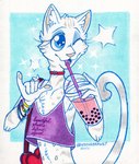 anthro beverage bracelet bubble_tea choker clothed clothing crop_top drinking_straw female fingerpads fur gesture hand_gesture jewelry lgbt_pride markings multi_nipple necklace nipples one_eye_closed open_mouth pansexual_pride_colors pawpads pride_colors purse shaka_sign shirt smile solo sparkles sparkling_eyes striped_markings striped_tail stripes tail tail_markings tongue tongue_out topwear white_body white_fur wink keenadraws cats_(movie) cats_(musical) victoria_(cats) domestic_cat felid feline felis mammal absurd_res half-length_portrait hi_res marker_(artwork) portrait traditional_media_(artwork)