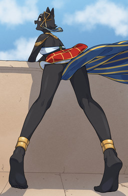 anthro biped black_body black_fur butt clothed clothed_anthro clothed_female clothing cloud day egyptian egyptian_clothing feet female fur looking_at_viewer looking_back looking_back_at_viewer outside rear_view sky solo standing teeth toes yellow_eyes nulia egyptian_mythology middle_eastern_mythology mythology tarahe deity domestic_cat felid feline felis mammal 2026 digital_drawing_(artwork) digital_media_(artwork) hi_res