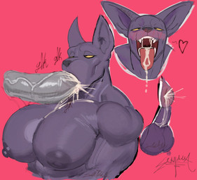anthro backsack balls big_muscles big_pecs big_penis blush bodily_fluids cum cum_in_ass cum_in_mouth cum_inside disembodied_anus disembodied_balls duo erection fangs fellatio genital_fluids genitals hairless half-closed_eyes heart_symbol long_ears male male/male muscular muscular_anthro muscular_male narrowed_eyes nude_anthro nude_male open_mouth oral pecs penile penis perineum pink_background purple_body purple_skin sex simple_background teeth tongue tongue_out uvula vein veiny_penis yellow_sclera freeposers_(artist) dragon_ball dragon_ball_super beerus domestic_cat felid feline felis god_of_destruction hairless_cat mammal sphynx_(cat) 2026 digital_drawing_(artwork) digital_media_(artwork) english_description hi_res